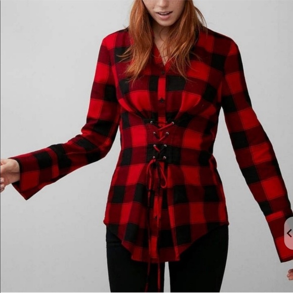 Express Tops - 💥ACCEPTING OFFERS💥Red Plaid Lace Up Top